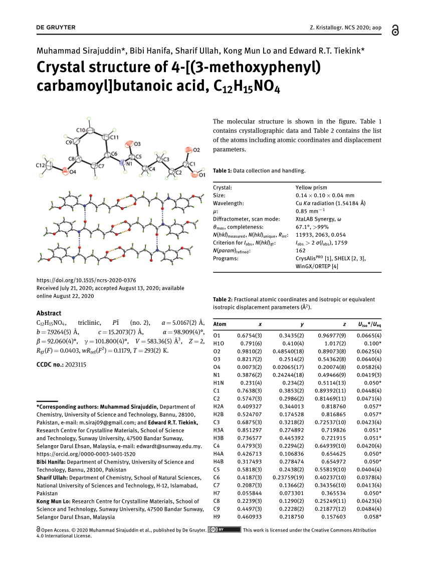 Pdf Crystal Structure Of 4 3 Methoxyphenyl Carbamoyl Butanoic Acid C12h15no4