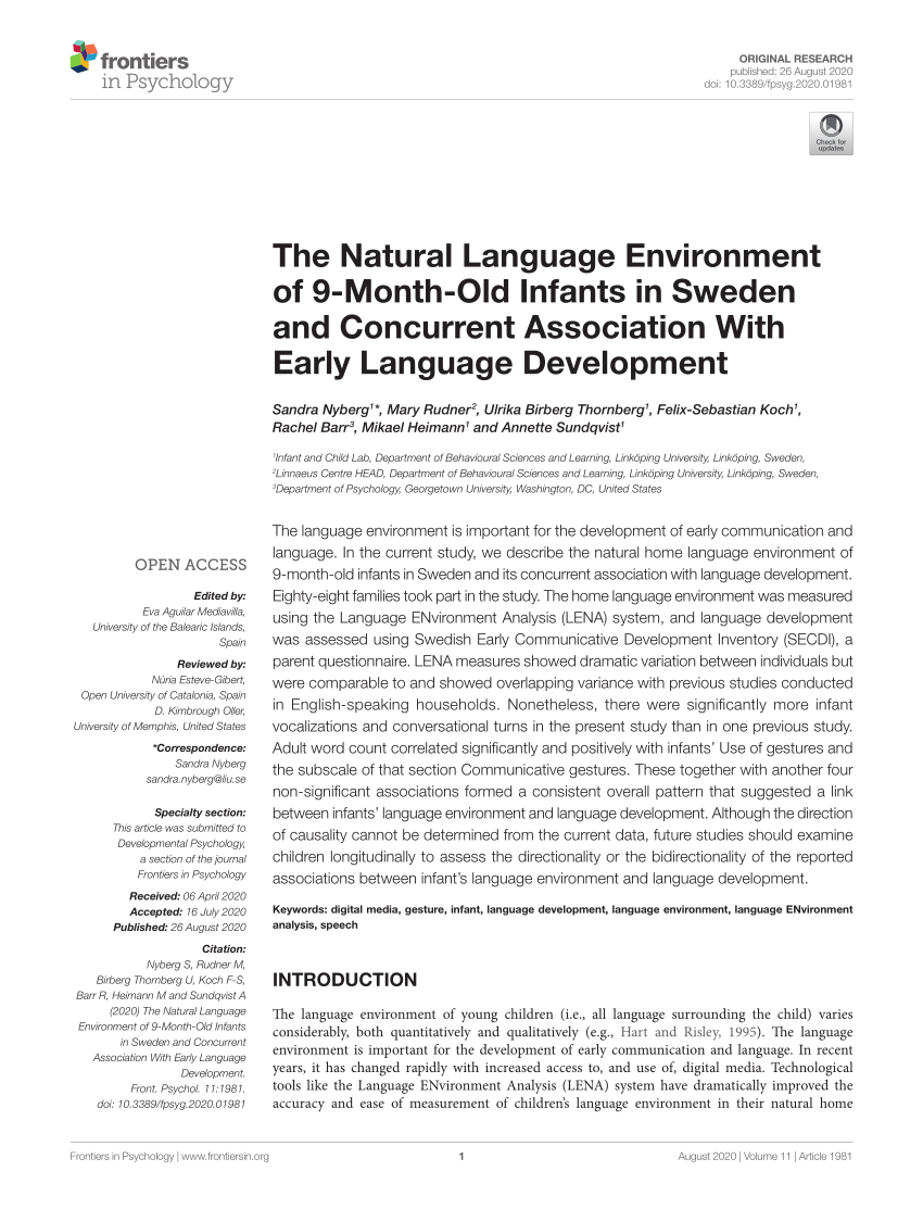 Pdf The Natural Language Environment Of 9 Month Old Infants In Sweden And Concurrent 