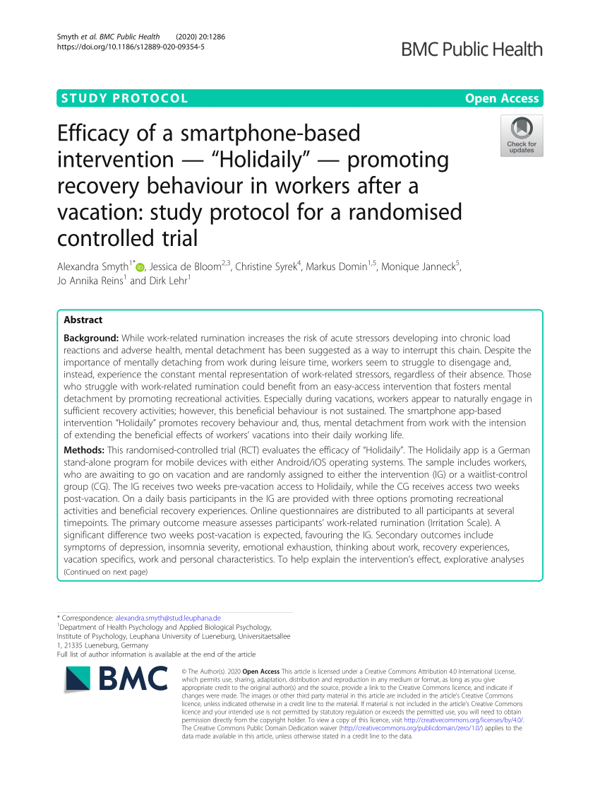 Pdf Efficacy Of A Smartphone Based Intervention Holidaily Promoting Recovery Behaviour In Workers After A Vacation Study Protocol For A Randomised Controlled Trial