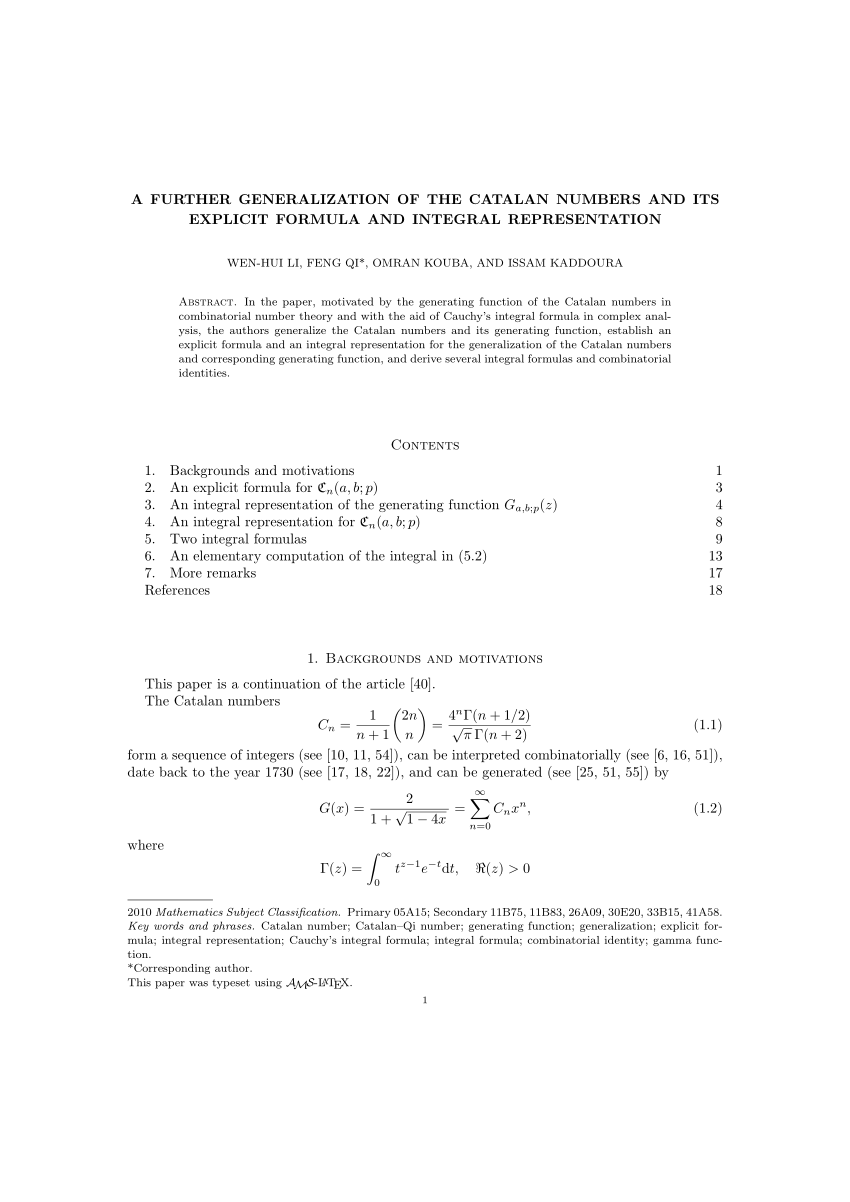 Pdf A Further Generalization Of The Catalan Numbers And Its Explicit Formula And Integral Representation