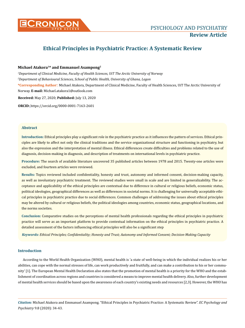 Pdf Ethical Principles In Psychiatric Practice A Systematic Review