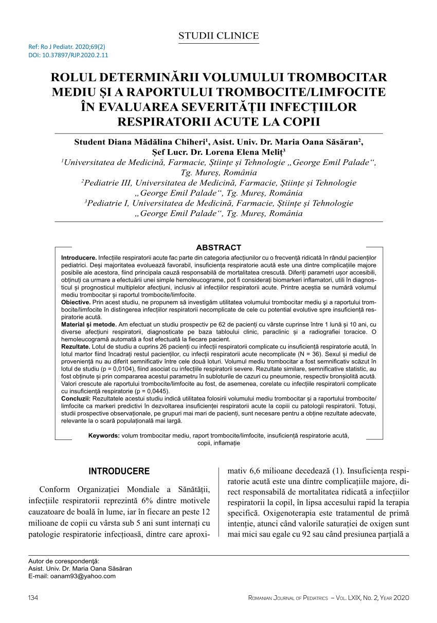 (PDF) Rolul determinării volumului trombocitar mediu și a raportului ...