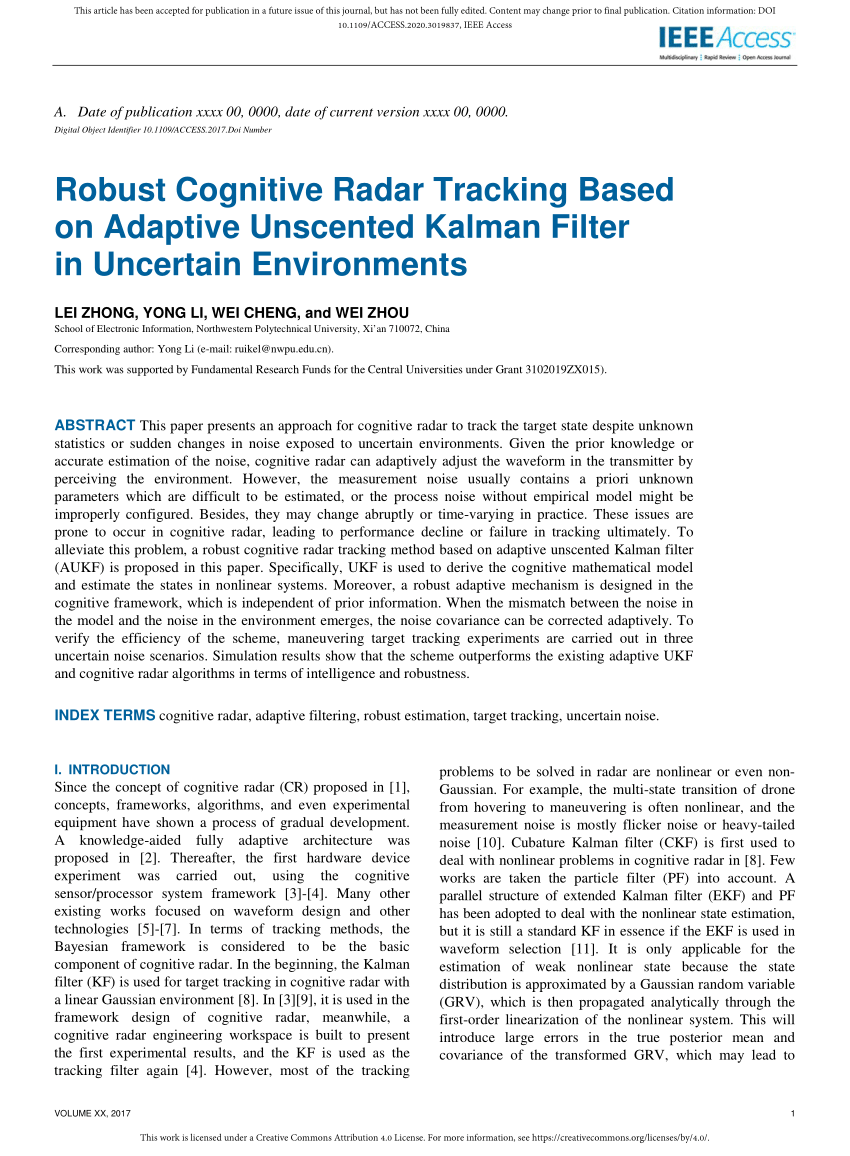 PDF) Robust Cognitive Radar Tracking Based on Adaptive Unscented 
