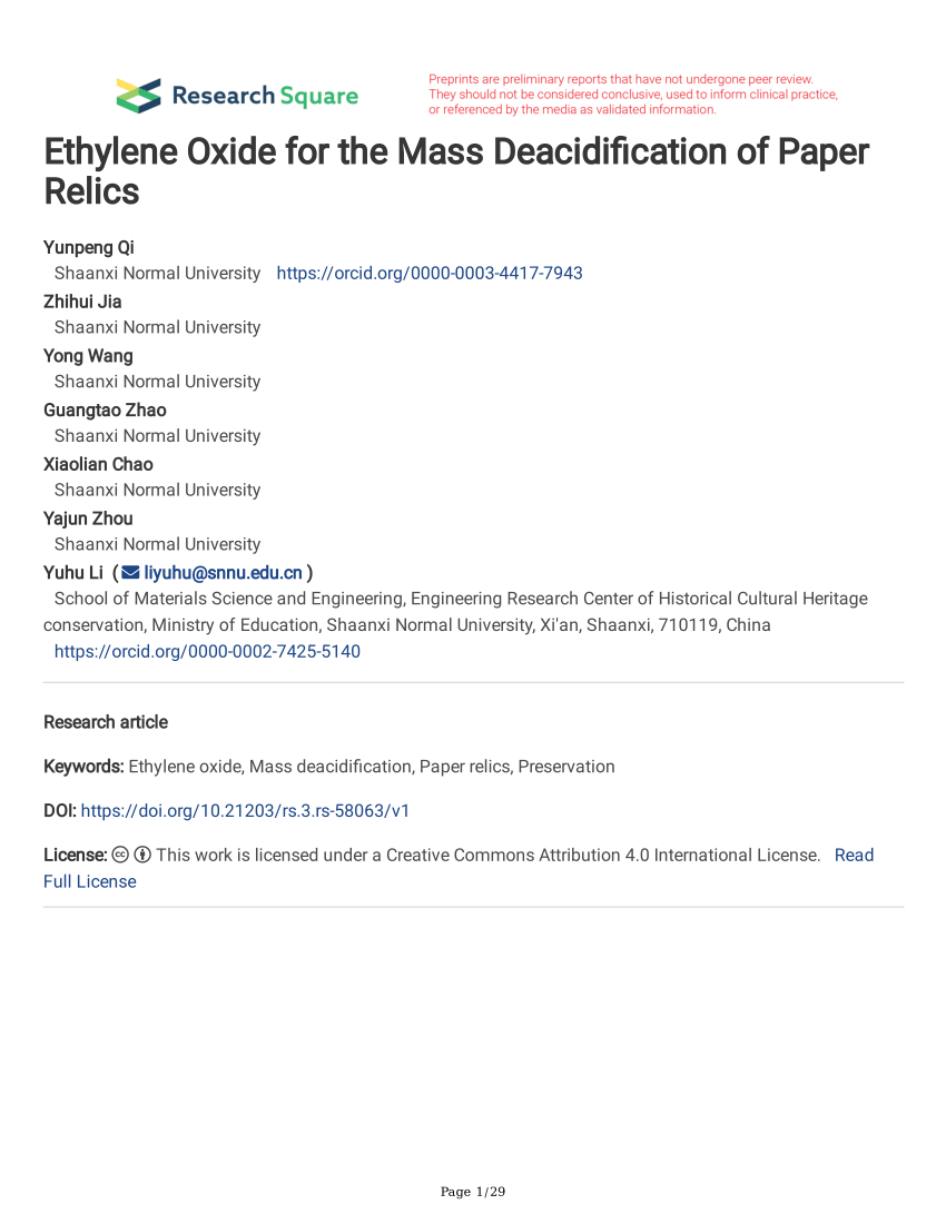 PDF) Ethylene Oxide for the Mass Deacidification of Paper Relics