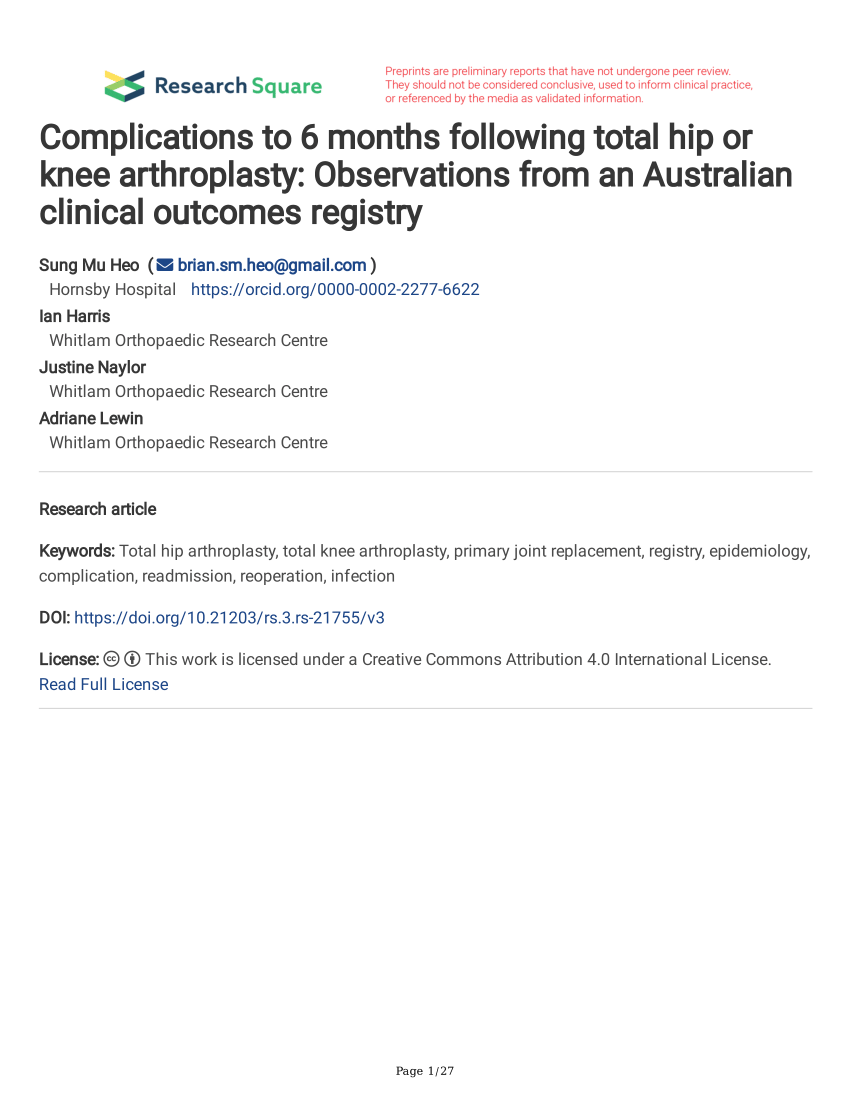 PDF) to 6 months following total hip or arthroplasty: Observations from an Australian clinical