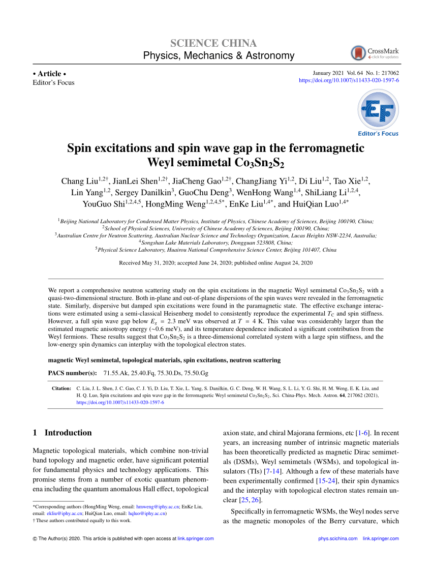 Pdf Spin Excitations And Spin Wave Gap In The Ferromagnetic Weyl Semimetal Co3sn2s2