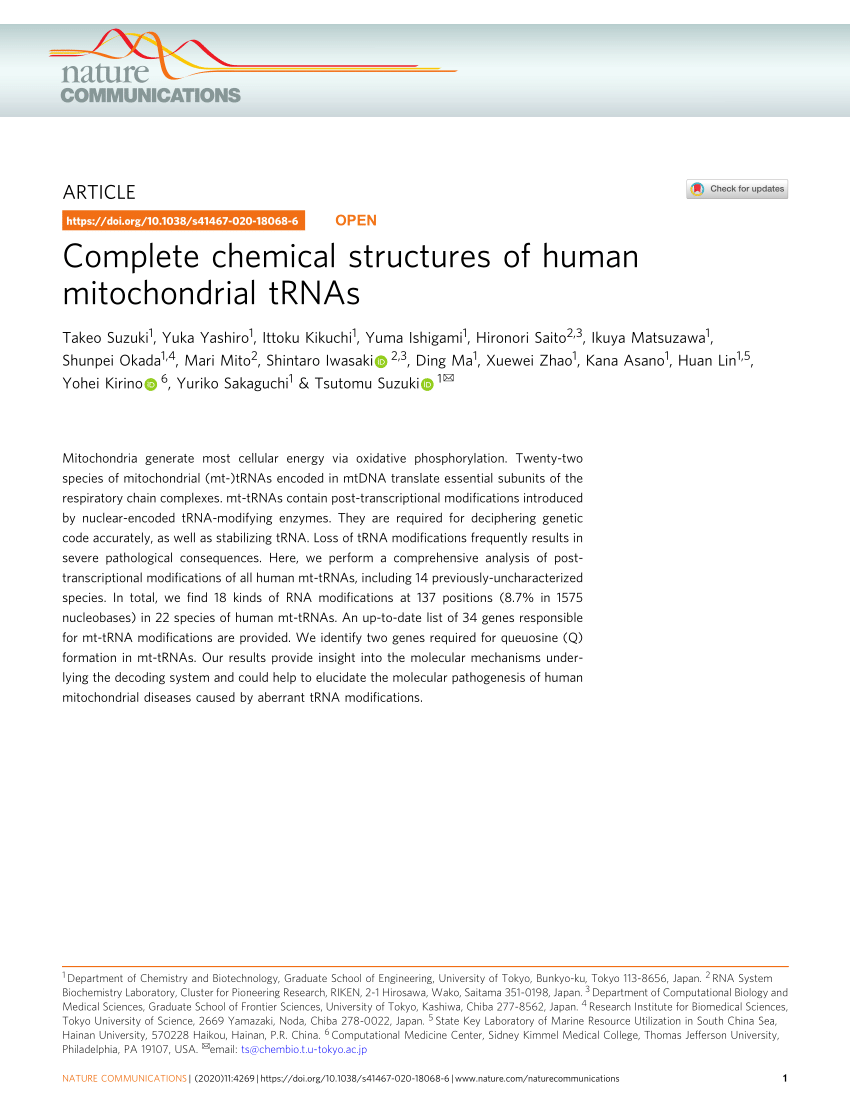 PDF) Complete chemical structures of human mitochondrial tRNAs