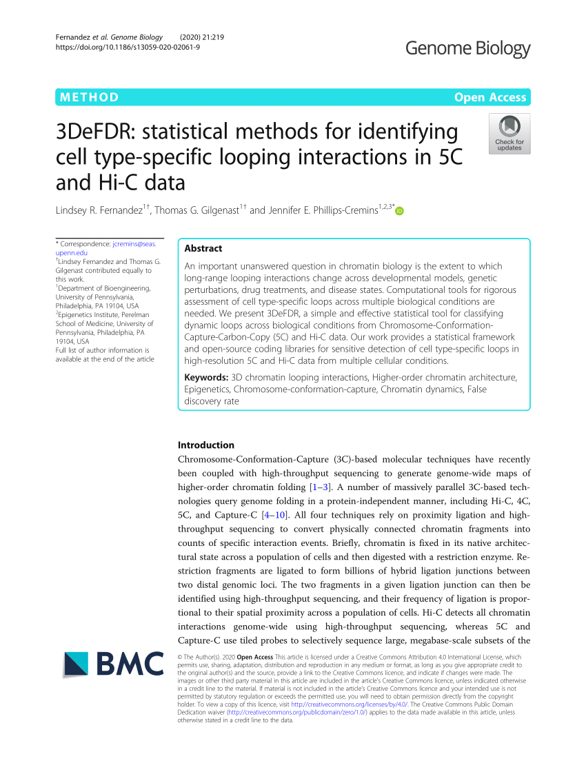 Pdf 3defdr Statistical Methods For Identifying Cell Type Specific Looping Interactions In 5c And Hi C Data