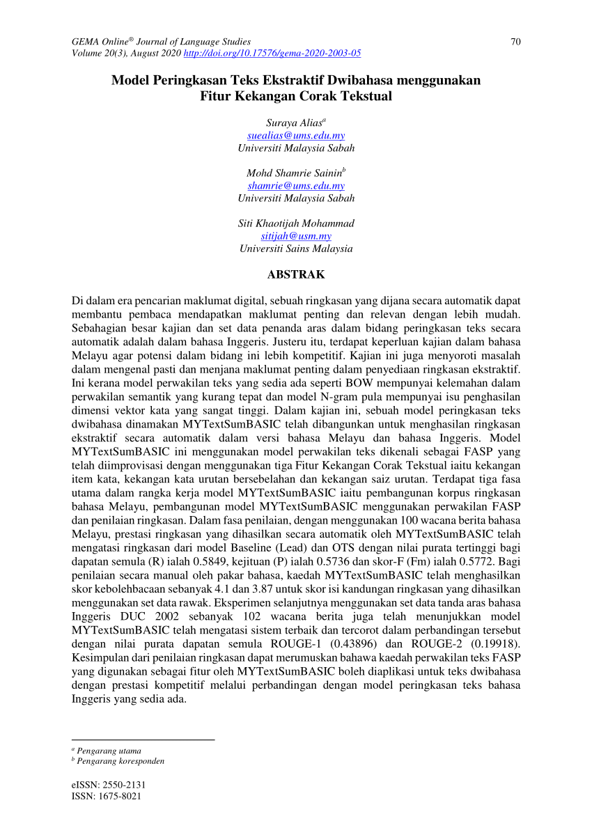 Pdf Model Peringkasan Teks Ekstraktif Dwibahasa Menggunakan Fitur Kekangan Corak Tekstual Bilingual Extractive Text Summarization Model Using Textual Pattern Constraints