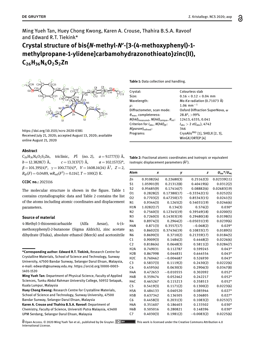 Pdf Crystal Structure Of Bis N Methyl N 3 4 Methoxyphenyl 1 Methylpropane 1 Ylidene Carbamohydrazonothioato Zinc Ii C26h36n6o2s2zn