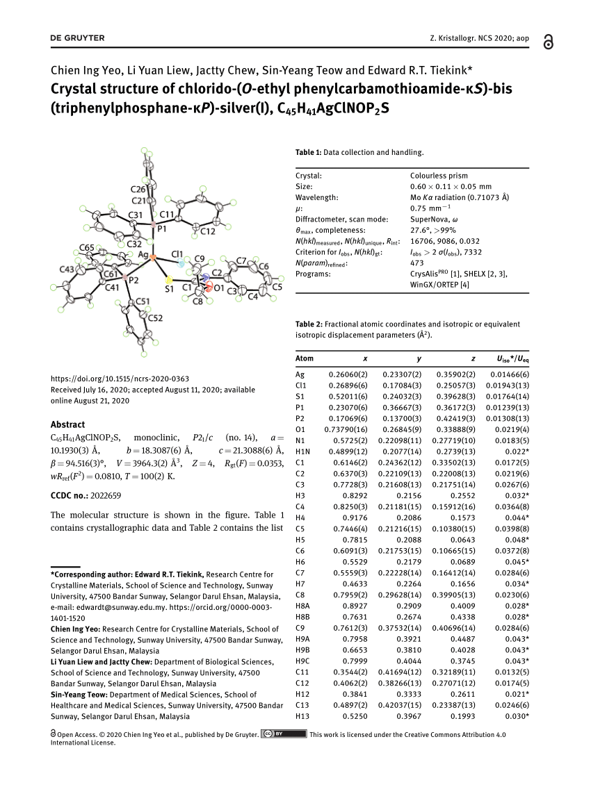Pdf Crystal Structure Of Chlorido O Ethyl Phenylcarbamothioamide Ks Bis Triphenylphosphane Kp Silver I C45h41agclnop2s