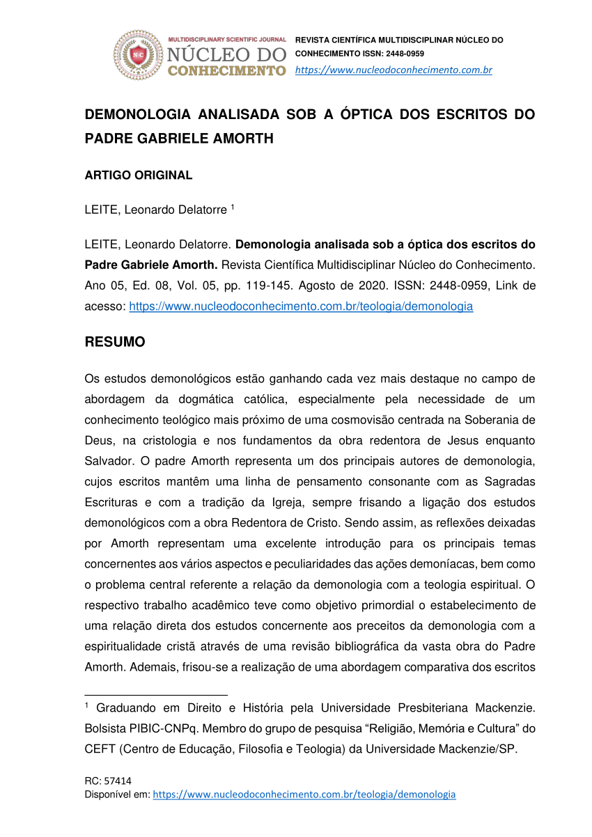 PDF) Demonologia analisada sob a óptica dos escritos do Padre Gabriele  Amorth