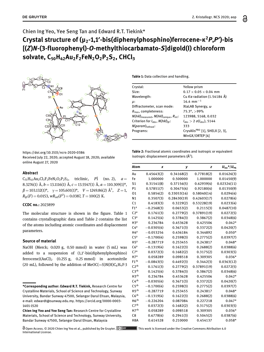 Pdf Crystal Structure Of M2 1 1 Bis Diphenylphosphino Ferrocene K2p P Bis Z N 3 Fluorophenyl O Methylthiocarbamato S Digold I Chloroform Solvate C50h42au2f2fen2o2p2s2 Chcl3