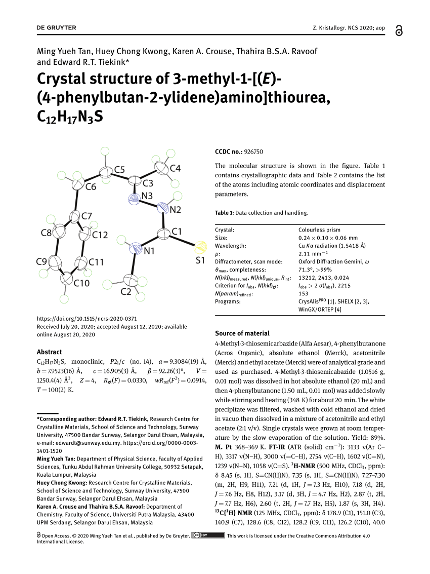 Pdf Crystal Structure Of 3 Methyl 1 E 4 Phenylbutan 2 Ylidene Amino Thiourea C12h17n3s