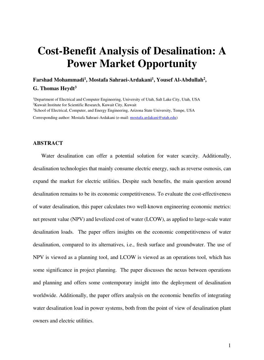 (PDF) Cost-Benefit Analysis of Desalination: A Power Market Opportunity