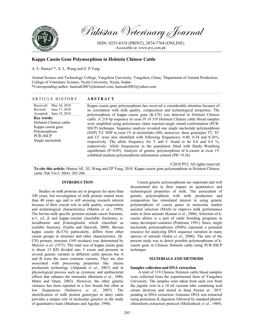 PDF) Kappa Casein Gene Polymorphism Holstein