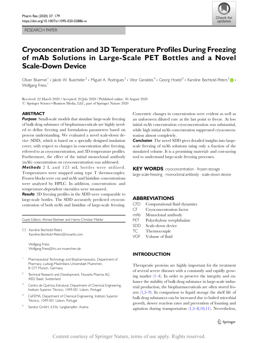 Cryoconcentration And 3d Temperature Profiles During Freezing Of Mab Solutions In Large Scale Pet Bottles And A Novel Scale Down Device Request Pdf