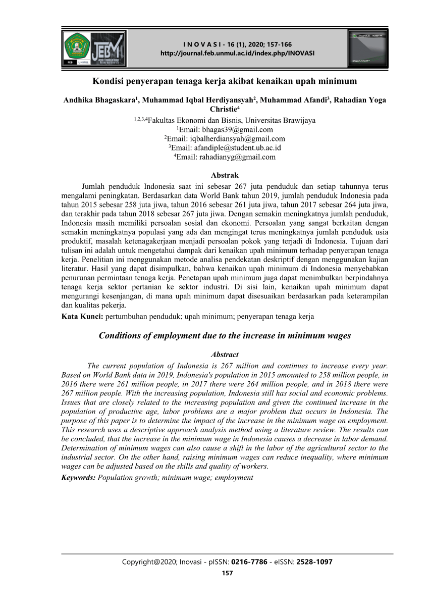 Pdf Kondisi Penyerapan Tenaga Kerja Akibat Kenaikan Upah Minimum
