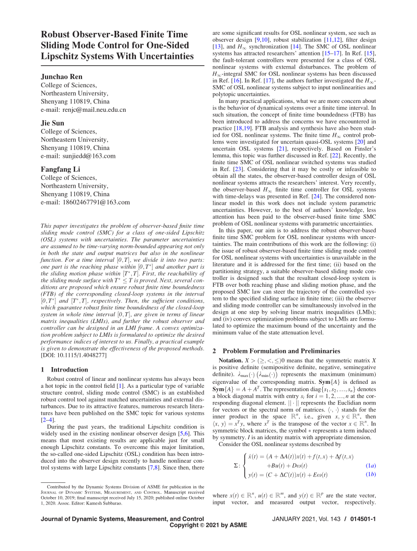 Pdf Robust Observer Based Finite Time Sliding Mode Control For One Sided Lipschitz Systems With Uncertainties