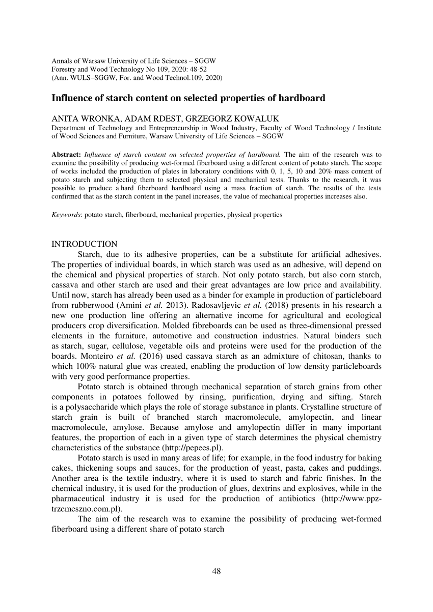 (PDF) Influence of starch content on selected properties of hardboard