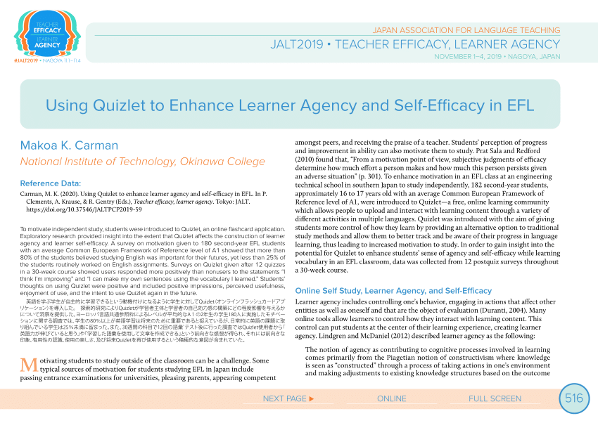 Pdf Using Quizlet To Enhance Learner Agency And Self Efficacy In Efl