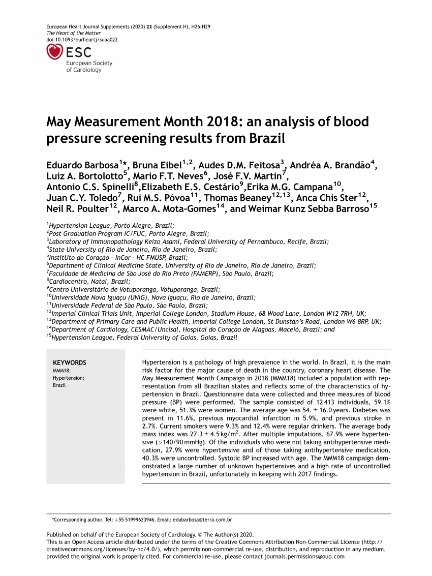 Pdf May Measurement Month 18 An Analysis Of Blood Pressure Screening Results From Brazil