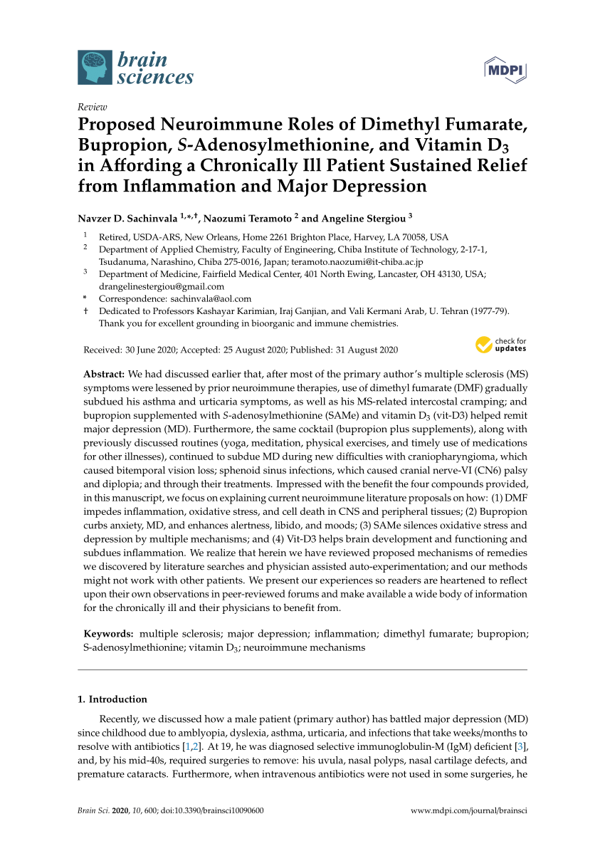 Pdf Proposed Neuroimmune Roles Of Dimethyl Fumarate Bupropion S Adenosylmethionine And Vitamin D3 In Affording A Chronically Ill Patient Sustained Relief From Inflammation And Major Depression