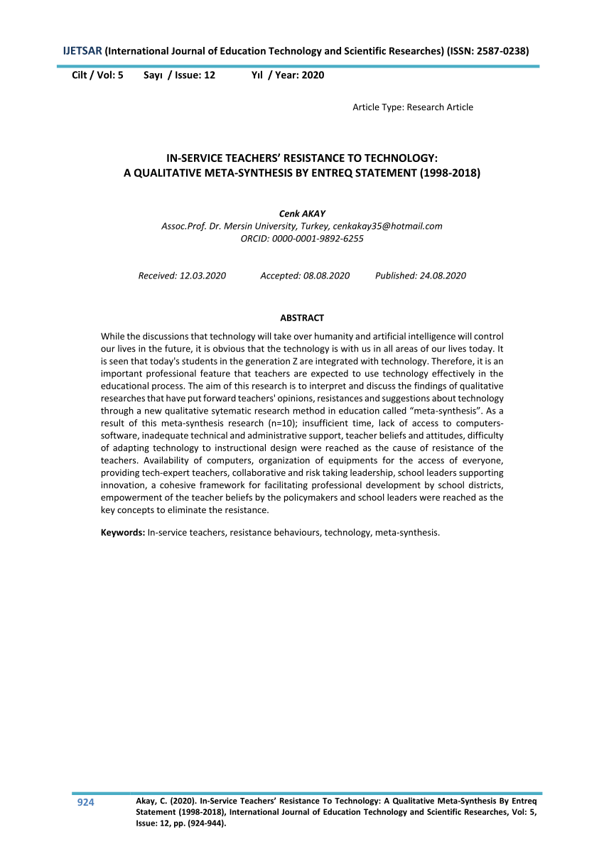 PDF) TEACHERS' TO A META-SYNTHESIS BY ENTREQ STATEMENT (1998-2018)