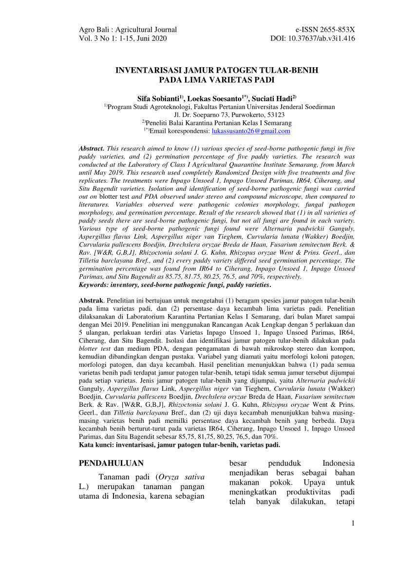 (PDF) Inventarisasi Jamur Patogen Tular-Benih pada Lima Varietas Padi