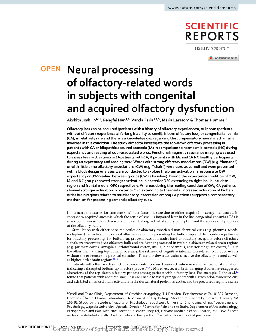 PDF) Neural processing of olfactory-related words in with congenital and acquired dysfunction