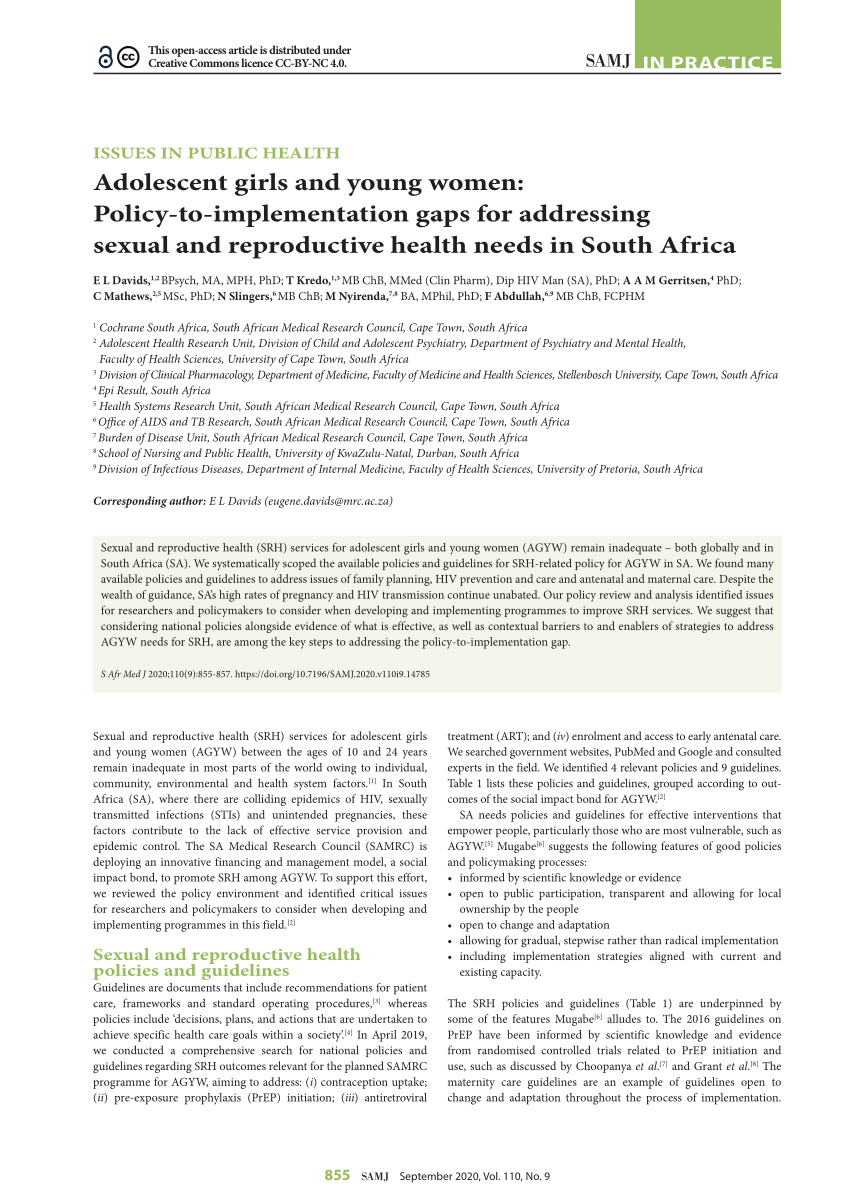 PDF SAMJ 2020 AGYW SRH Policy Implementation Gap Eugene