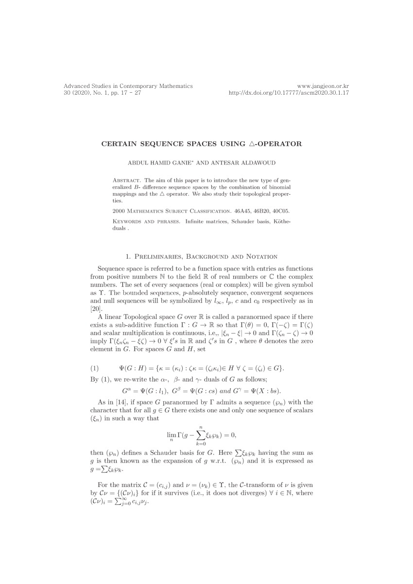 Pdf Certain Sequence Spaces Using Delta Operator