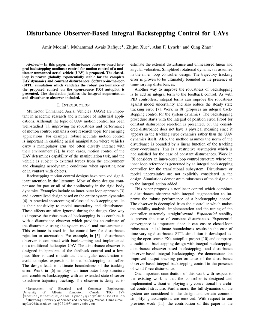 (PDF) Disturbance Observer-Based Integral Backstepping Control for UAVs