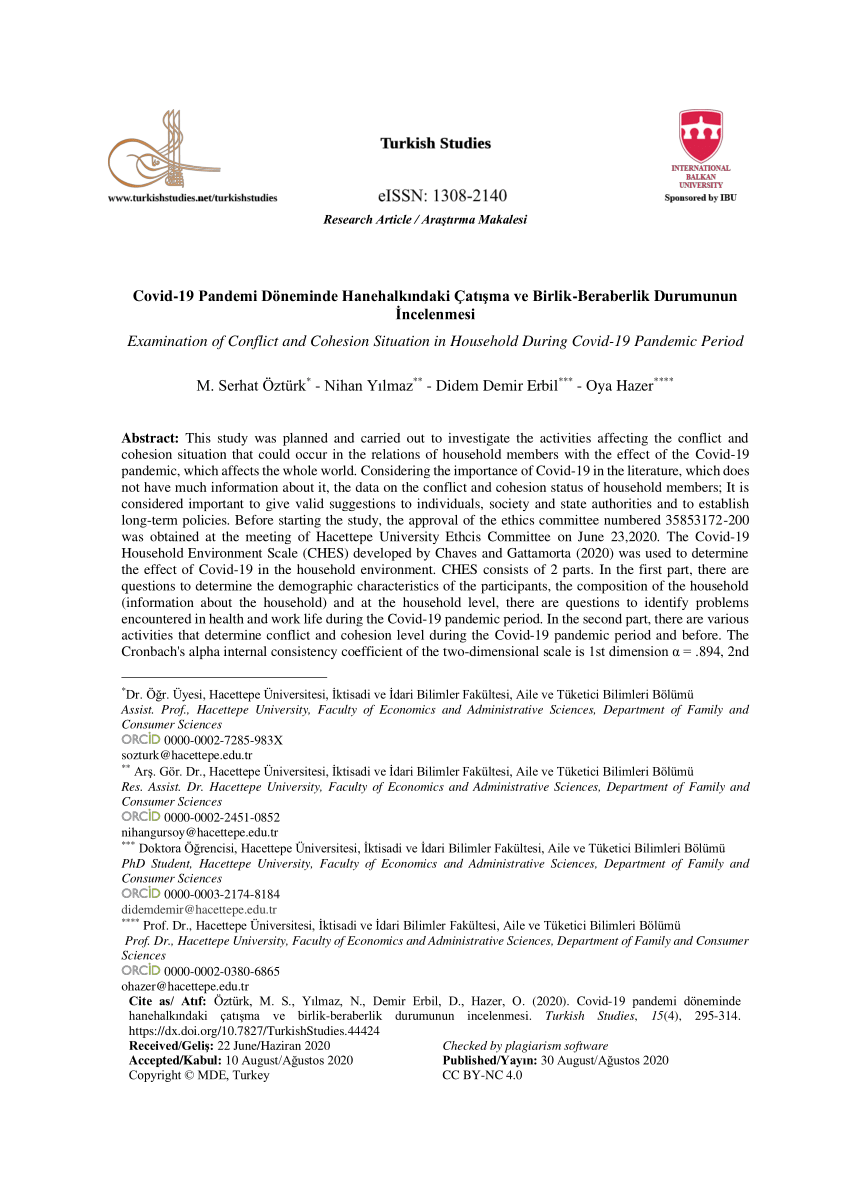 Pdf Covid 19 Pandemi Doneminde Hanehalkindaki Catisma Ve Birlik Beraberlik Durumunun Incelenmesi Examination Of Conflict And Cohesion Situation In Household During Covid 19 Pandemic Period