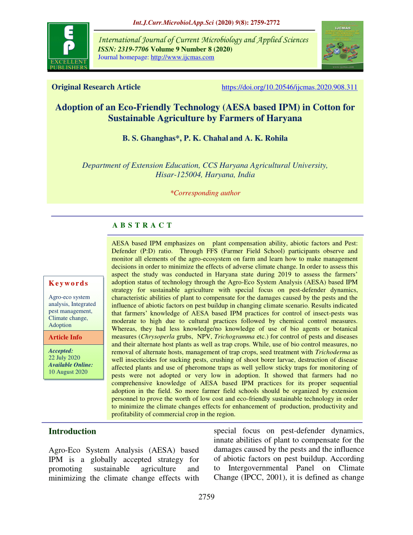 PDF) Adoption of an Eco-Friendly Technology (AESA based IPM) in