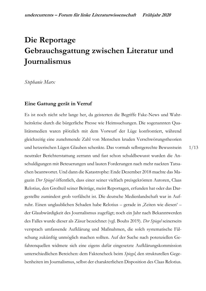 (PDF) Die Reportage Gebrauchsgattung zwischen Literatur und Journalismus