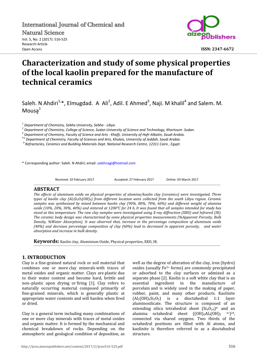 Pdf Characterization And Study Of Some Physical Properties Of The Local Kaolin Prepared For The Manufacture Of Technical Ceramics