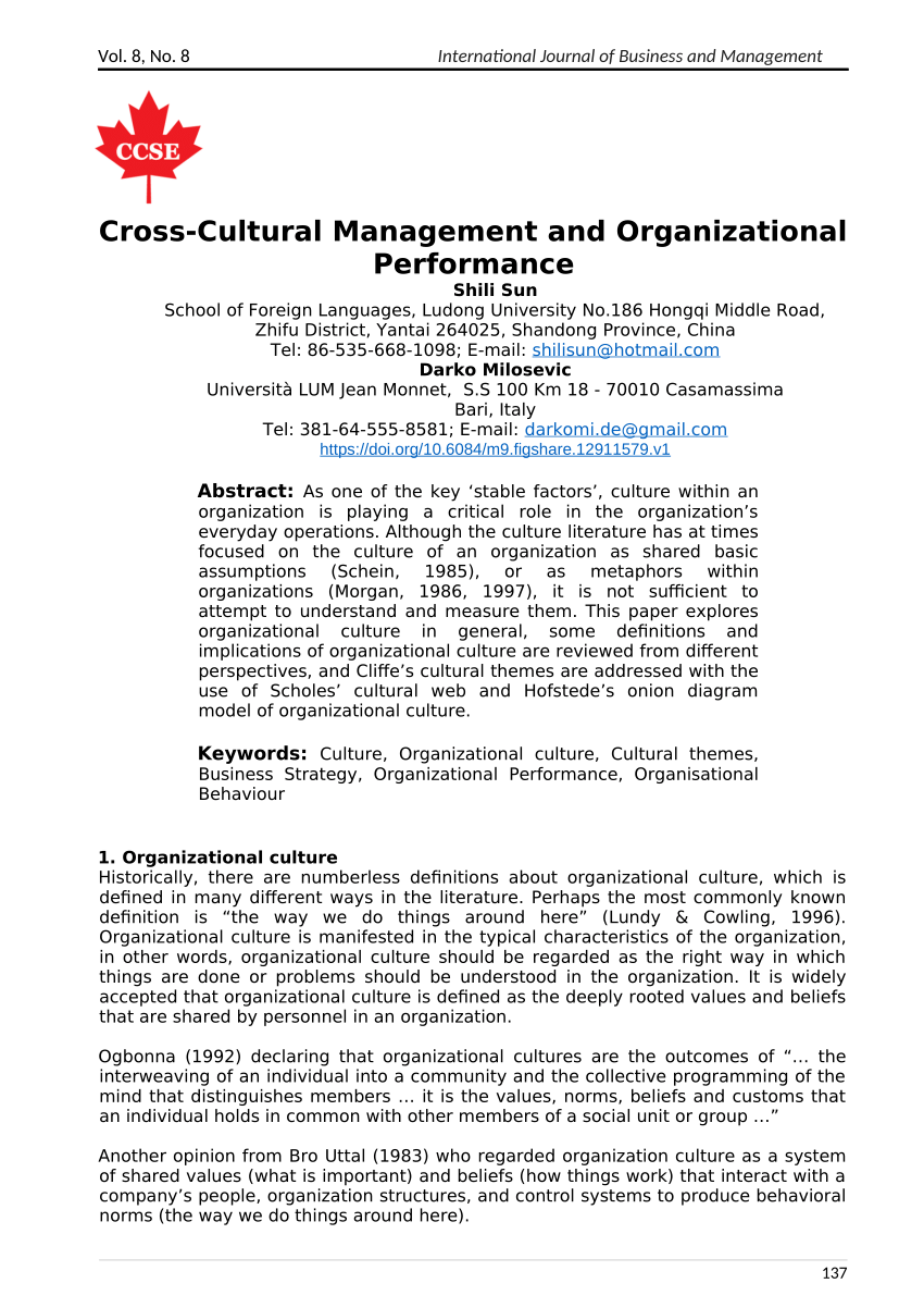 Pdf Cross Cultural Management And Organizational Performance