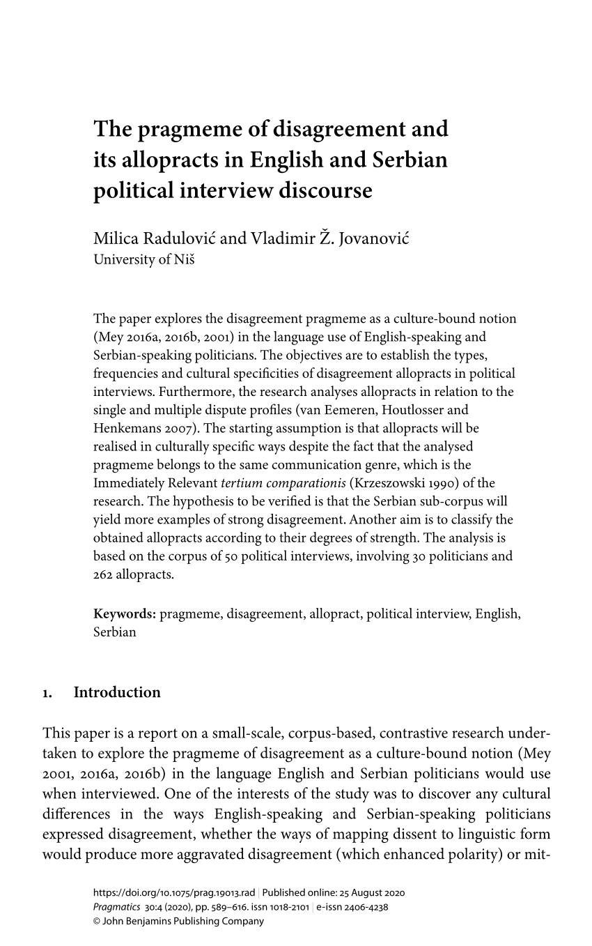 PDF) The pragmeme of disagreement and its allopracts in English and Serbian  political interview discourse