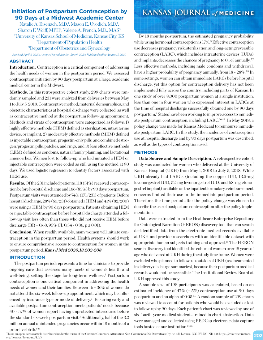 Pdf Initiation Of Postpartum Contraception By 90 Days At A Midwest