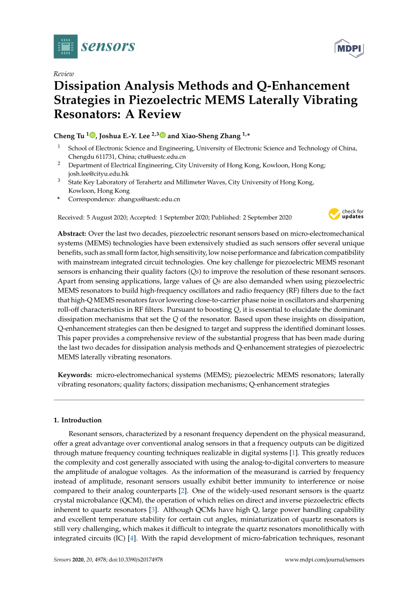 Pdf Dissipation Analysis Methods And Q Enhancement Strategies In Piezoelectric Mems Laterally Vibrating Resonators A Review
