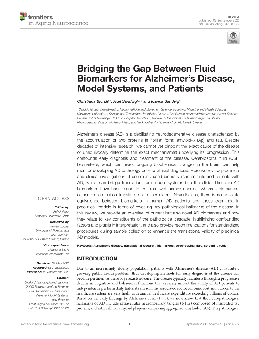 PDF) Bridging the Gap Between Fluid Biomarkers for Alzheimer's Disease,  Model Systems, and Patients