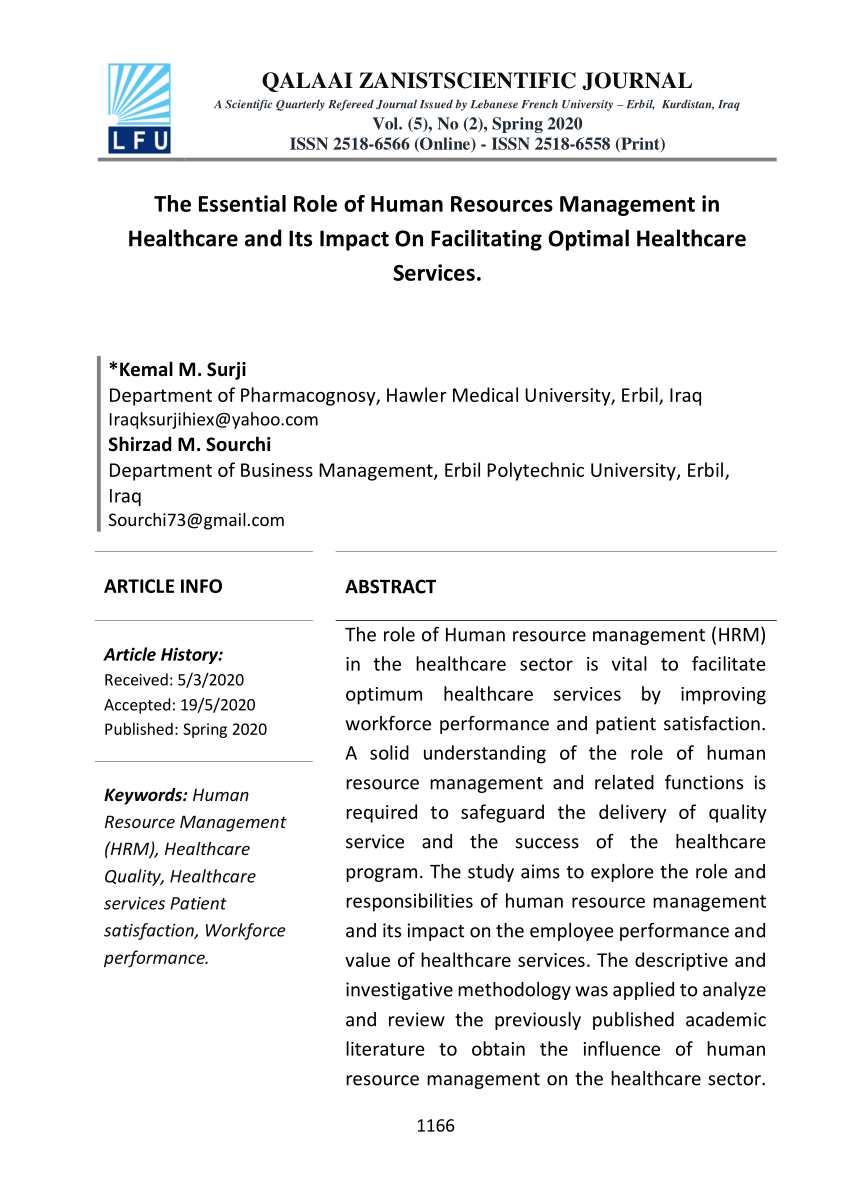 Pdf) The Essential Role Of Human Resources Management In Healthcare And Its  Impact On Facilitating Optimal Healthcare Services