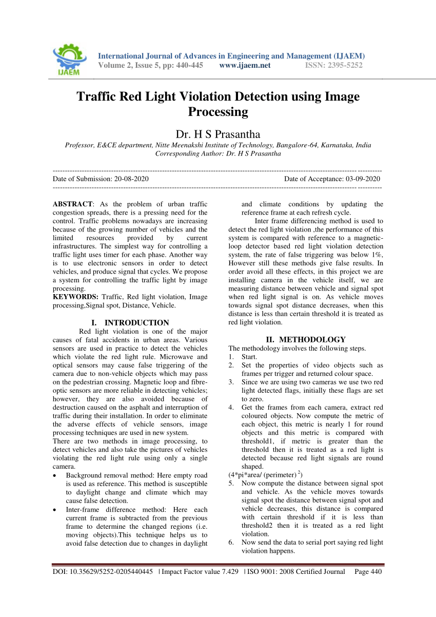 (PDF) Traffic Red Light Violation Detection using Image Processing