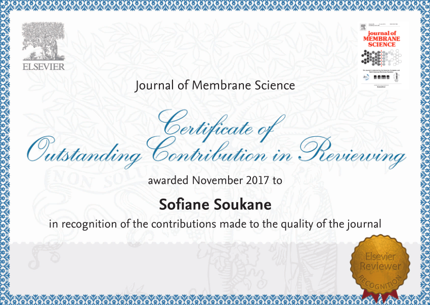 (PDF) Journal of Membrane Science  Reviewer award