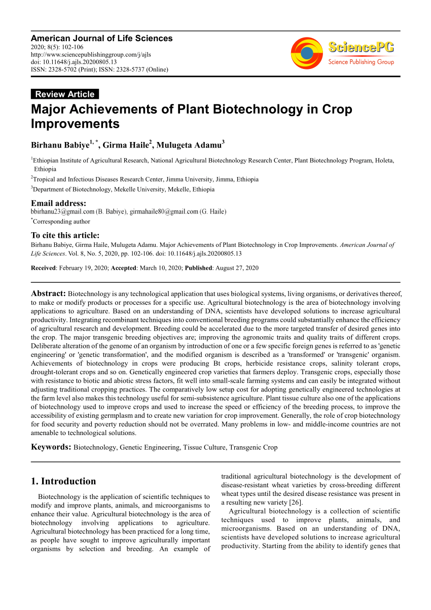 Pdf Major Achievements Of Plant Biotechnology In Crop Improvements