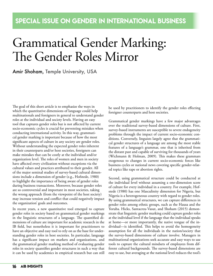 Pdf) Grammatical Gender Marking: The Gender Roles Mirror