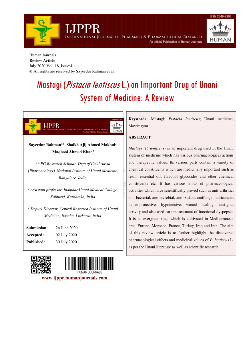Pdf Mastagi Pistacia Lentiscus L An Important Drug Of Unani System Of Medicine A Review