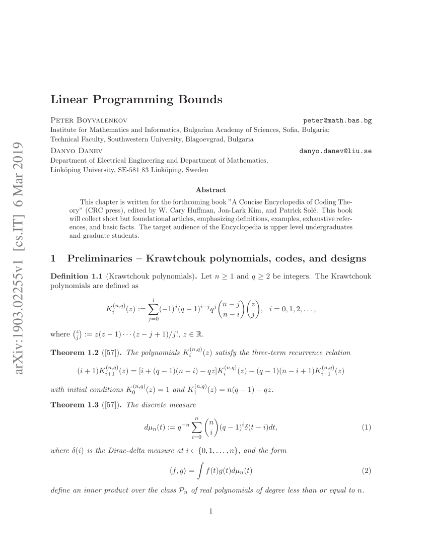 Pdf Linear Programming Bounds