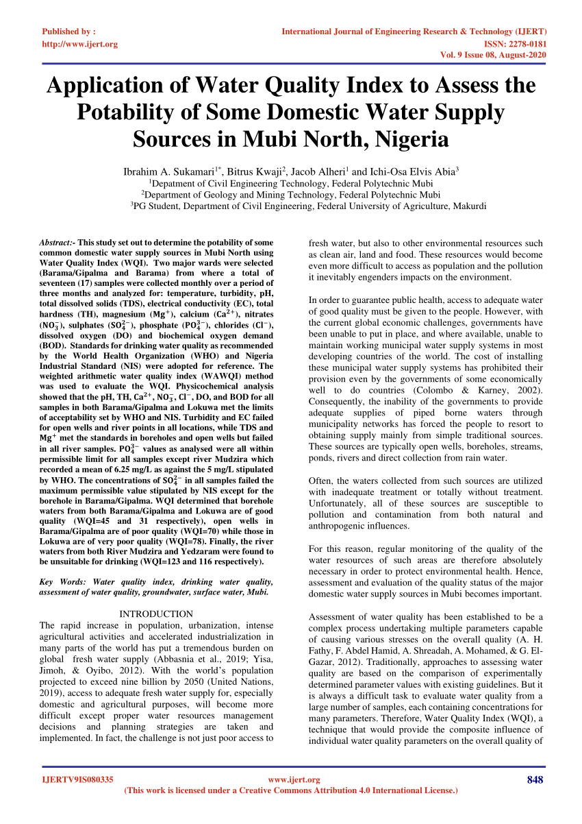 Pdf Application Of Water Quality Index To Assess The Potability Of Some Domestic Water Supply Sources In Mubi North Nigeria